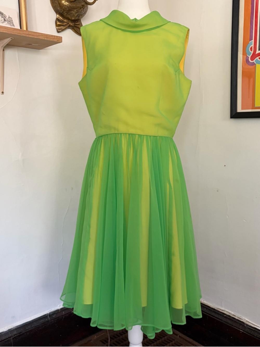 Vintage 50s Lime Green Silk Overlay Cocktail Dress